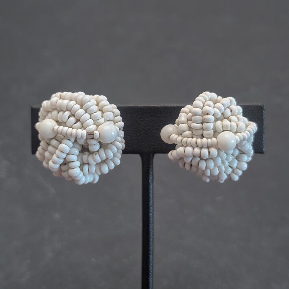 Vintage Screw On Earrings Stylish Off White Chunky Beaded Wrap Design Retro
